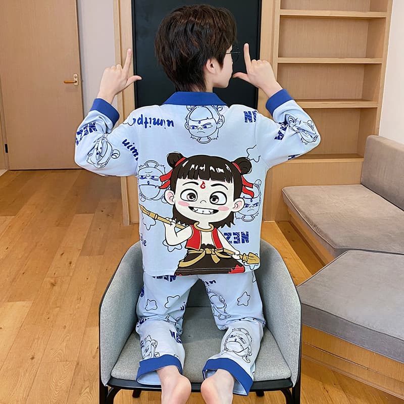Children's Pajamas Cotton Long Sleeve Spring Autumn Thin Style Super Cute Boys Middle and Older Kids Wearable Homewear Set Full Cotton