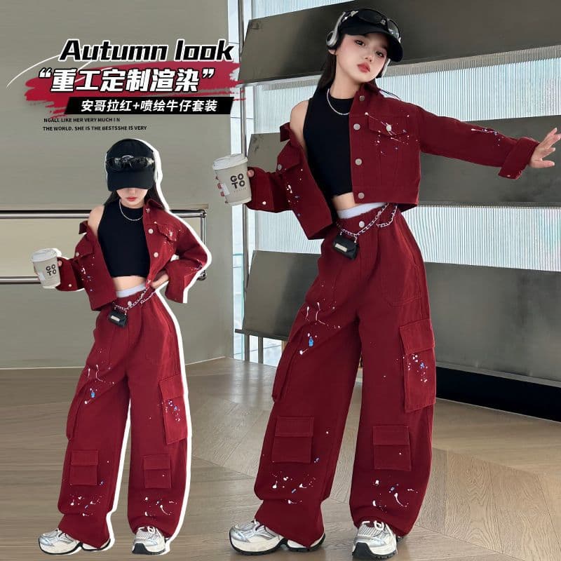 Girls Spring Autumn Set 2025 Fashion Korean Style Middle Big Child Trendy Rendering Angola Red Denim Suit