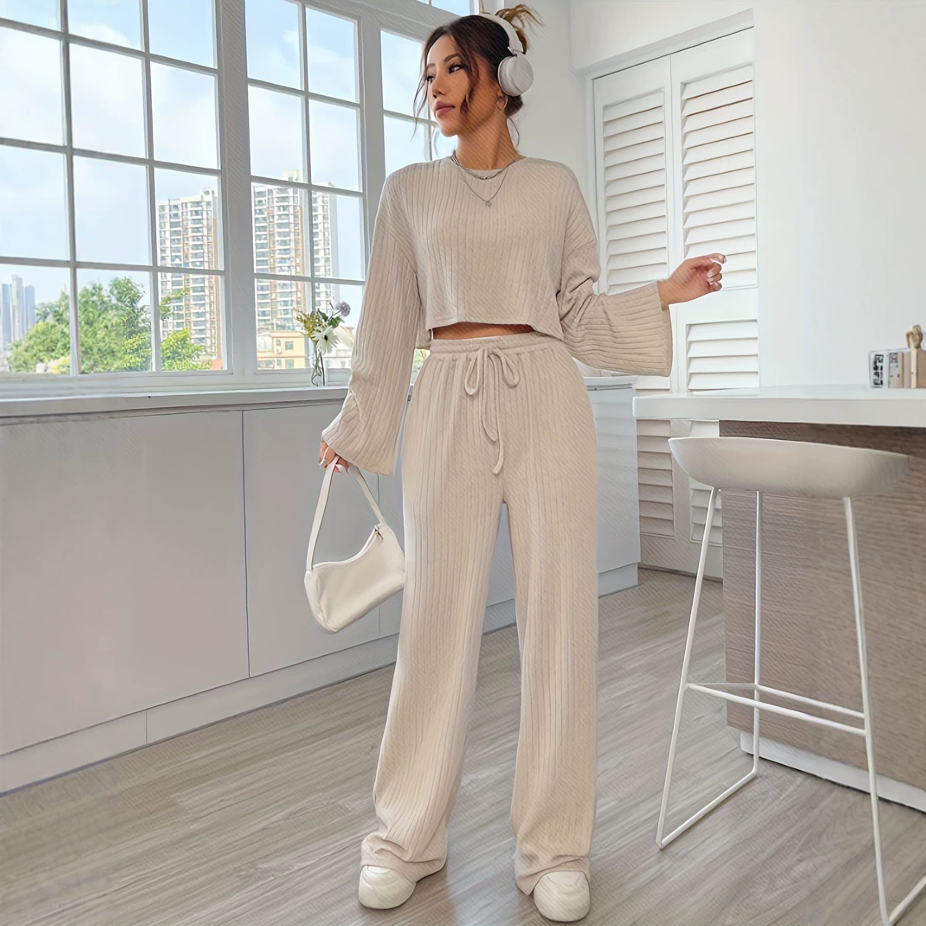 New Cross-Border Fall/Winter European and American Style Loose Ribbed Knit Two-Piece Set for Women, Long-Sleeve Top with Wide-Leg Pants Casual Set