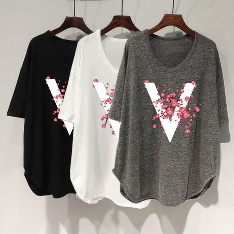 300 pounds plus size women's u-neck t-shirt short-sleeved Korean style curved hem loose to cover the belly and slimming mid-length top
