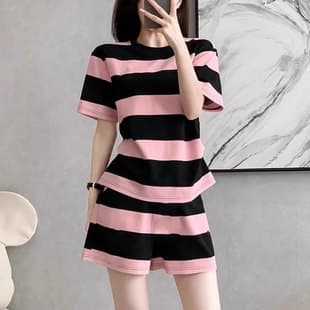 Fashion Sport Set Women 2026 Summer New Short Sleeve Striped Sleeve Shorts Plus Size Loose Casual Two-Piece Set