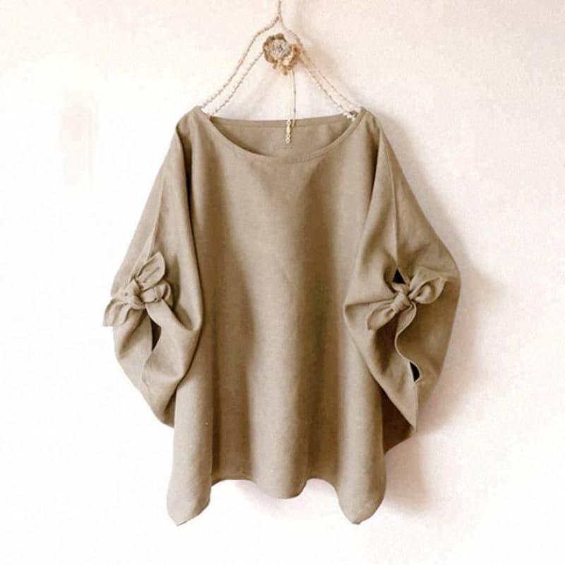 Japanese Plus Size Bow Bat Short Sleeve Top Spring Summer Loose Pleated Cotton Linen Round Neck Irregular Shirt for Curvy Women