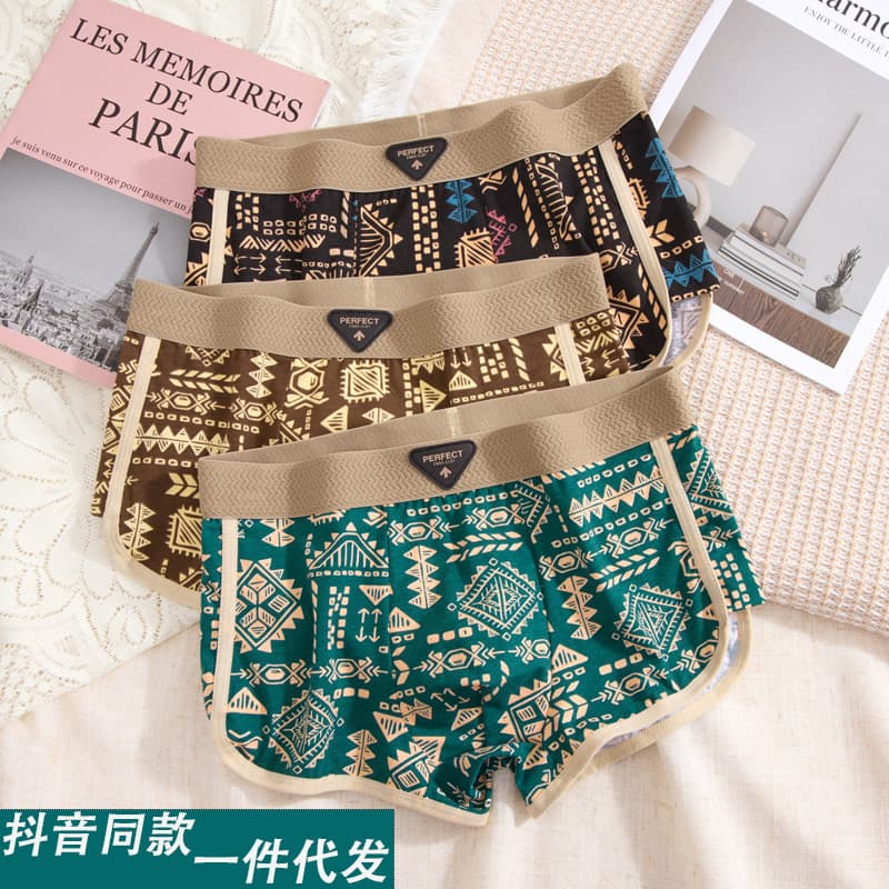 Men's Boxer Briefs Cotton Breathable 4-Point Underwear Trendy American Retro Ethnic Style Boxer Shorts