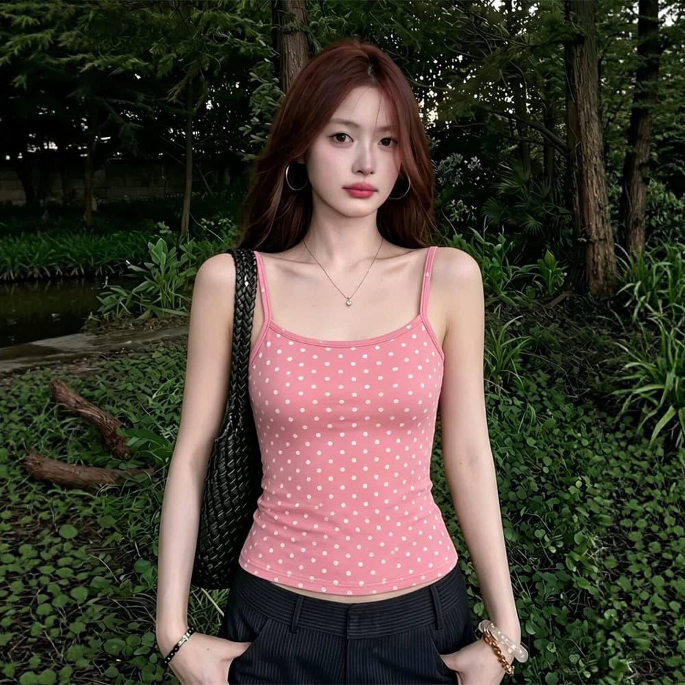 40 count pure cotton pink polka dot camisole female summer sweet hot girl slim fit inner wear sleeveless short top