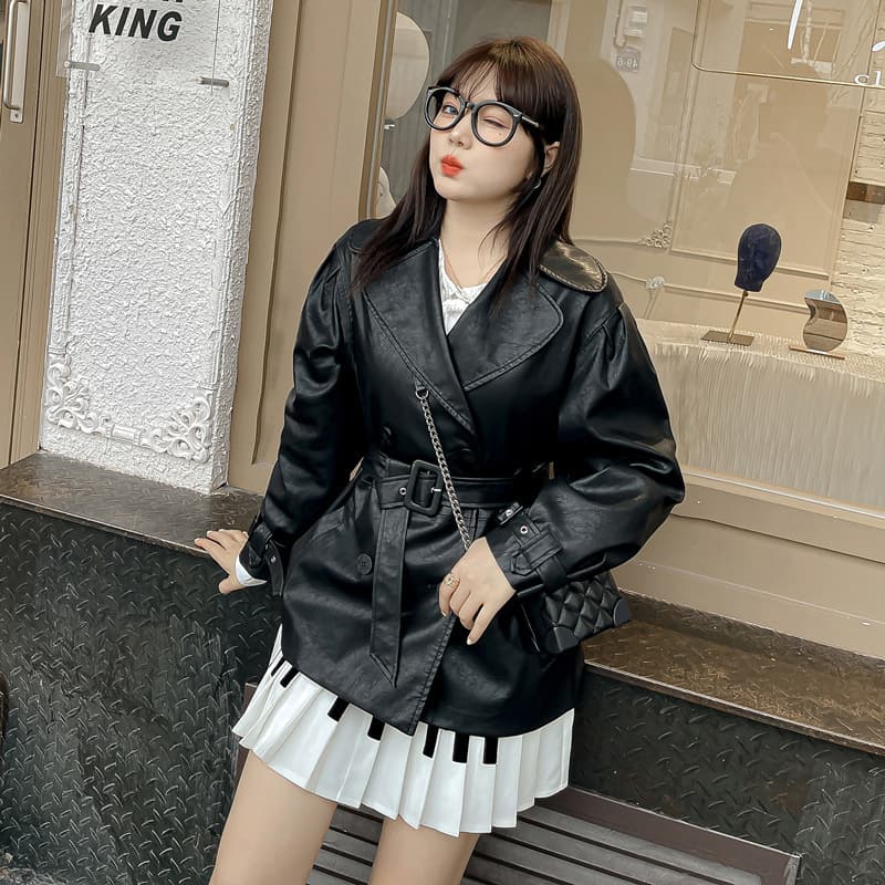 Beautifully priced plus-size coat, new style solid color leather jacket for plus-size women with large lapel and puff sleeves, k1368
