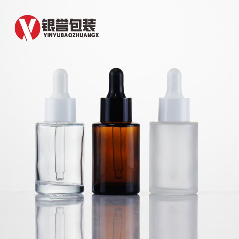 Free shipping 30ml transparent frosted dropper bottle flat shoulder amber round bottle essential oil bottle serum bottle cosmetic glass bottle