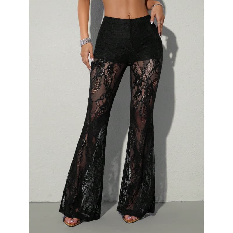 European and American Cross-Border Amazon 2026 New Lace Flared Pants for Women, European and American Hot Girl Style Sexy See-Through Slightly Flared Long Pants
