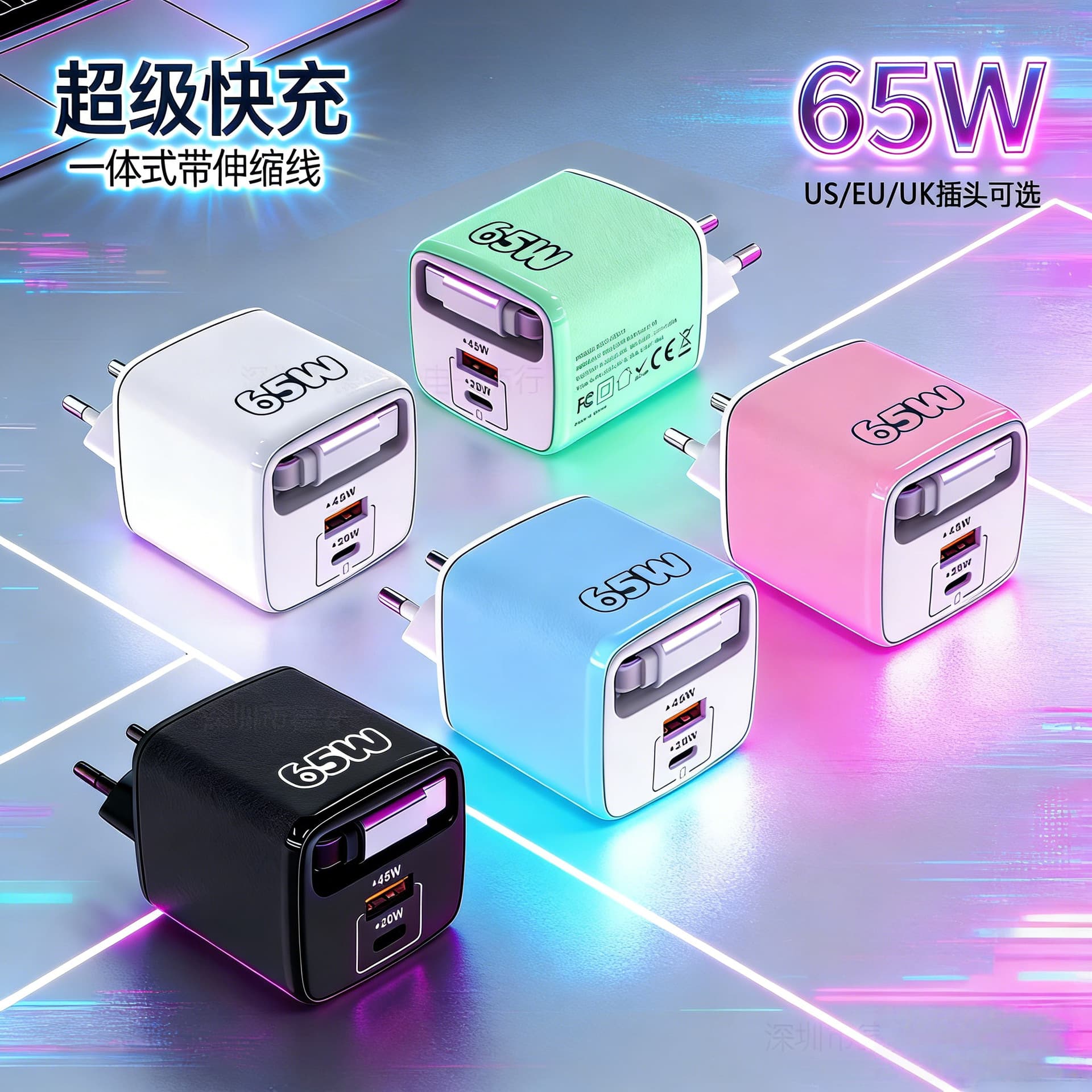 65W GaN Fast Phone Charger with Built-in Type-C Retractable Cable, Compatible with Apple and Huawei Phone Charging Head