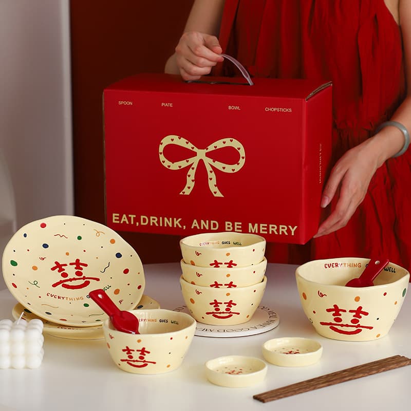 Lin Lingqi Newlywed Gift for Bride Ceramic Tableware Gift Box, Practical Souvenir for New Couples, Best Friends, Housewarming