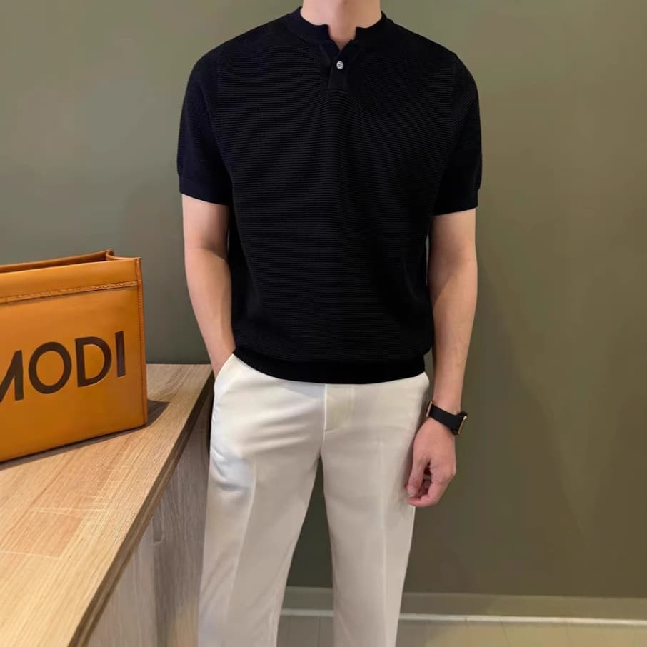 Men's Knitted Short Sleeve T-Shirt Henry Collar Casual Summer Fashion Basic Polyester V-neck Ice Silk Material Loose Fit