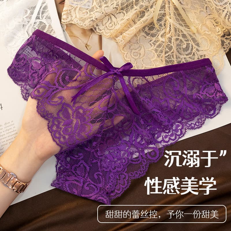 European and American Sexy Lingerie Women's T-Back Sporty Lightweight Breathable Lace Trim Mesh Bow Tie Triangle Panties