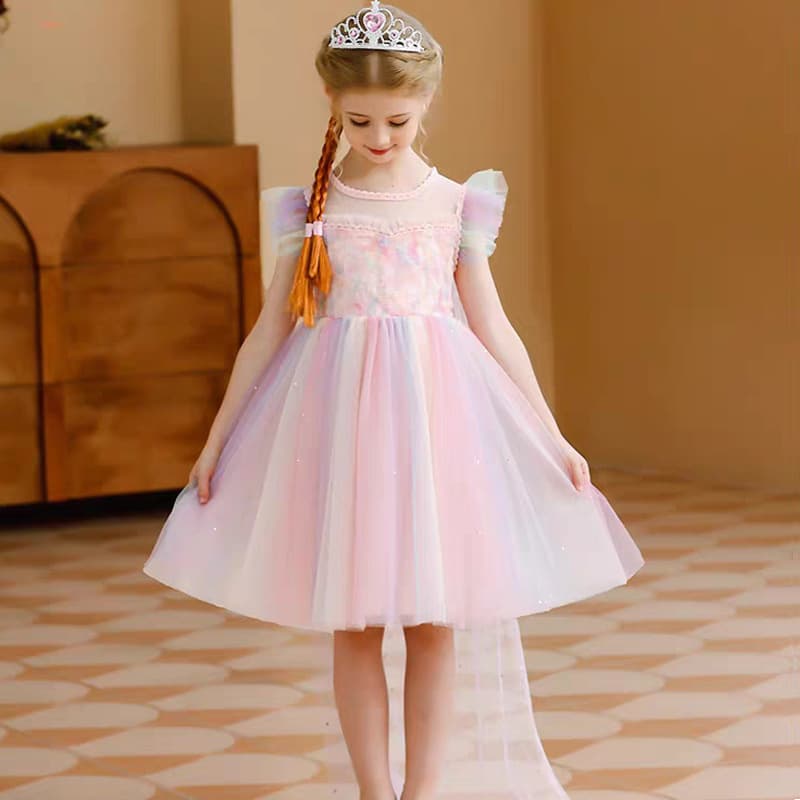 Elsa Princess Dress Summer Outfit for Girls Aged 2-11 Birthday Party Dress Cotton Polyester Fabric Short Sleeve Princess Skirt