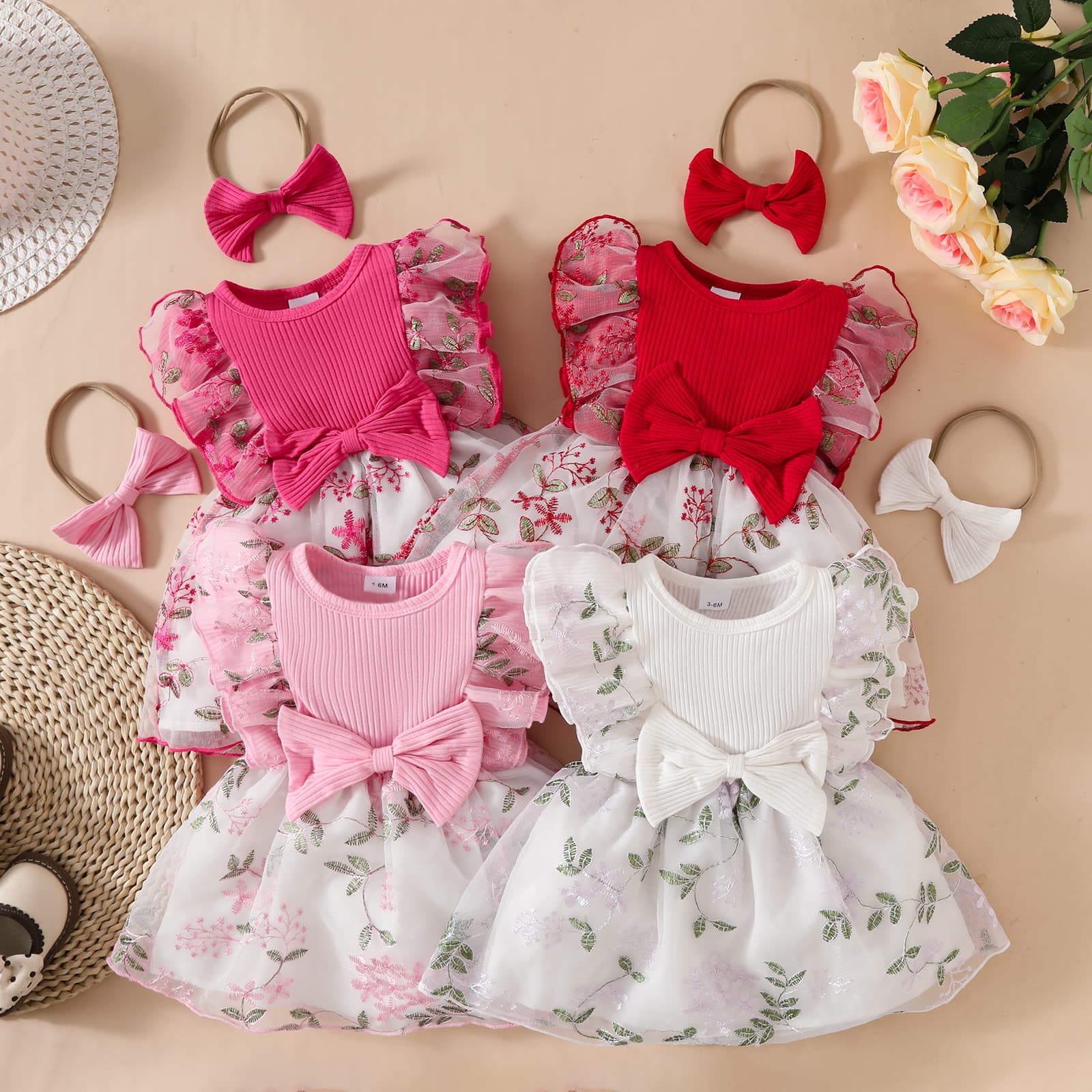 Cross-border baby mesh dress 0-2 years old baby ruffled bow embroidered flower mesh dress summer