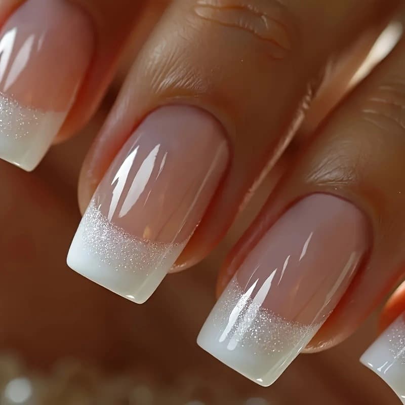 24pcs Sparkling Star White Edge French Press-On Nails with Glitter, Premium Fake Nails Wholesale, Cross-Border