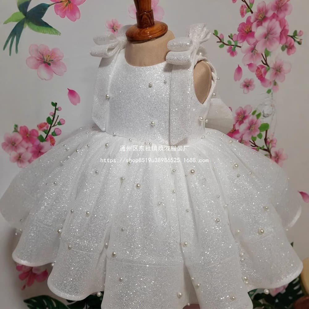 White Sleeveless Princess Dress with Spaghetti Straps, Cute 1st Birthday Party Gown, New Cross-Border Toddler Birthday Dress Source