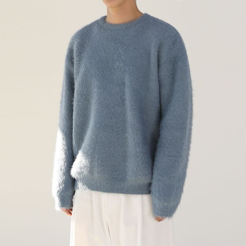 MYQAngora Solid Color Men's Sweater Winter Thickened Round Neck Inner Korean Style Loose Fit Soft And Supple Knitted Top Trendy