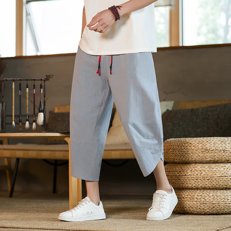 2024 Summer New Chinese Style Men's Casual Loose Cotton Linen Harem Beach Cropped Pants