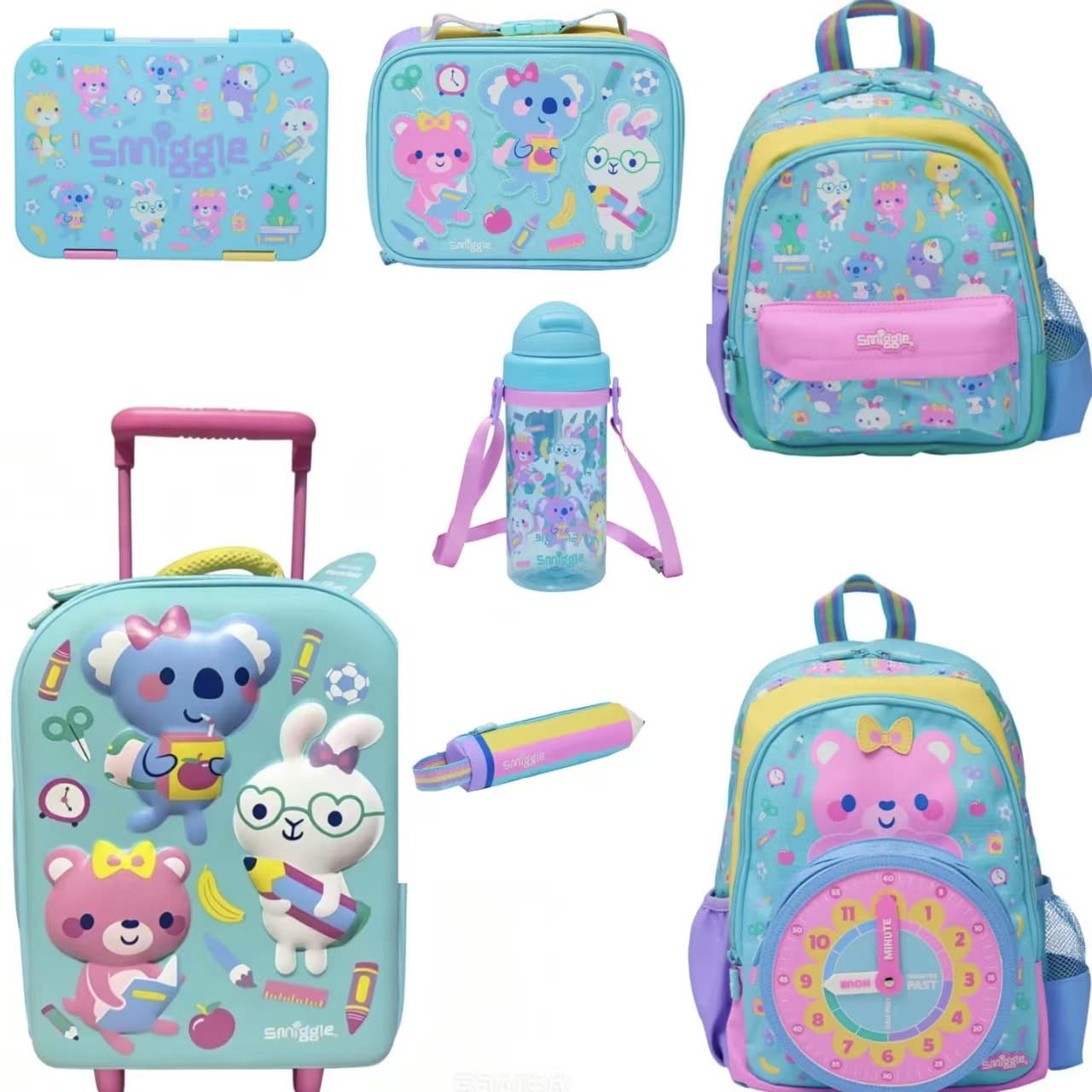 Australian Smiggle Backpack Elementary School Student Shoulder Bag Kids Lightweight Backpack Light Blue Animal School Set Series