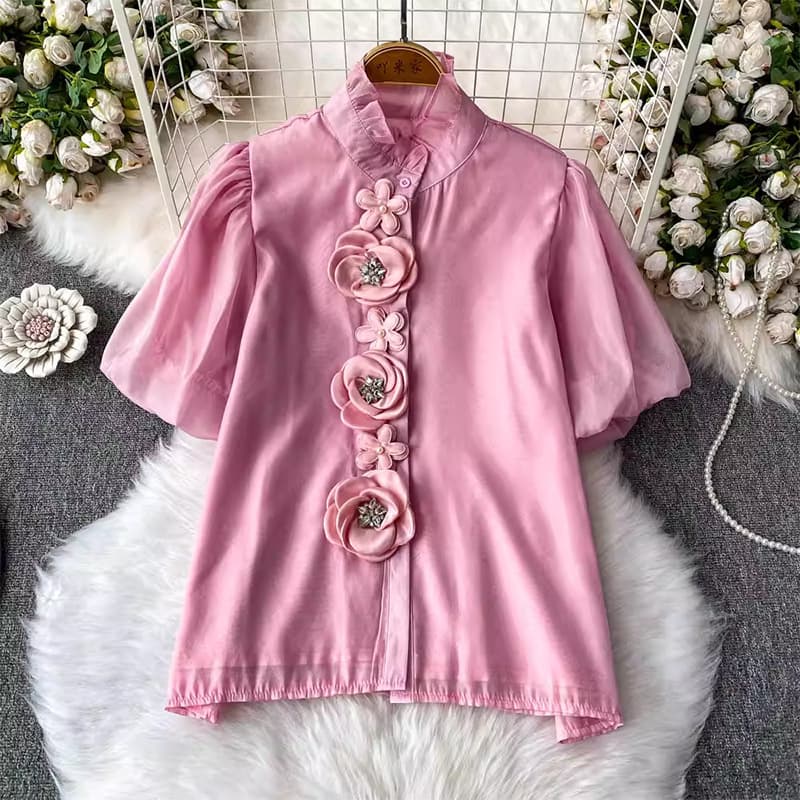 Summer Floral Stand Collar Shirt for Women, 3D Heavy-Duty Top, 2025 Puff Sleeve Shirt, Age-Reducing New Style with Rhinestones