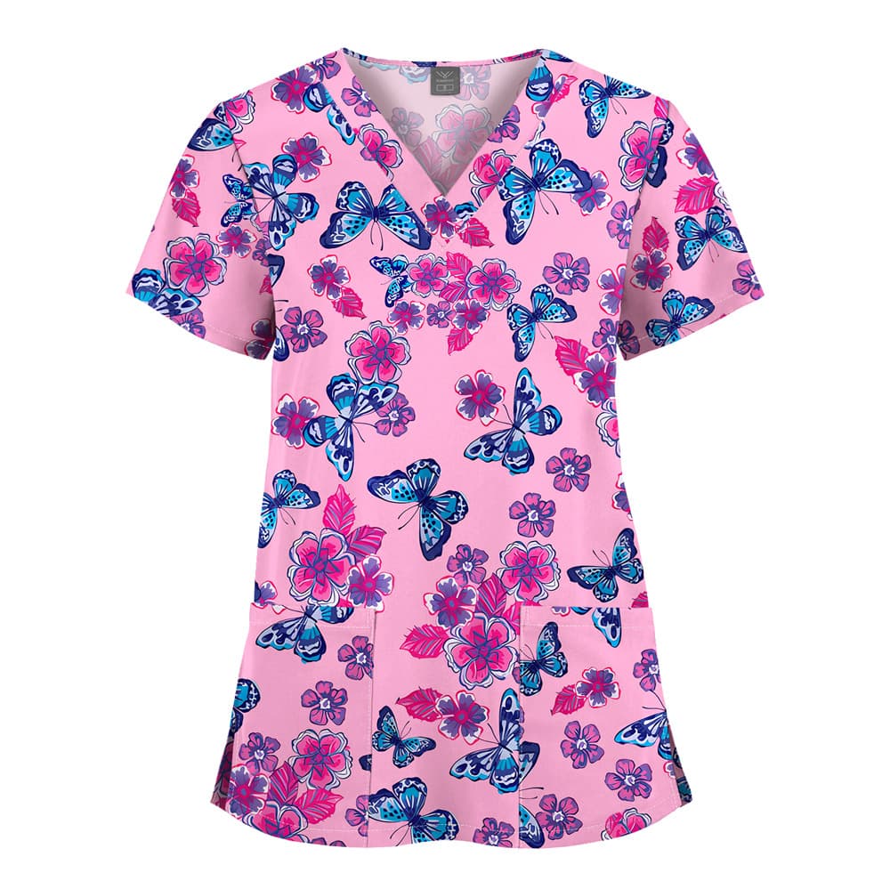 V-Neck Quick-Dry Printed Scrub Top for Dental Clinic, Beauty Salon, Pet Hospital, Doctors, Nurses, Unisex