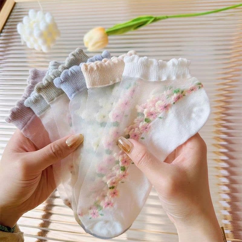 Women's Glass Silk Crystal Socks, Ins Fashion Summer Transparent Short Socks, Floral Pattern, Carded Silk, Ultra-Thin Cotton Sole Boat Socks