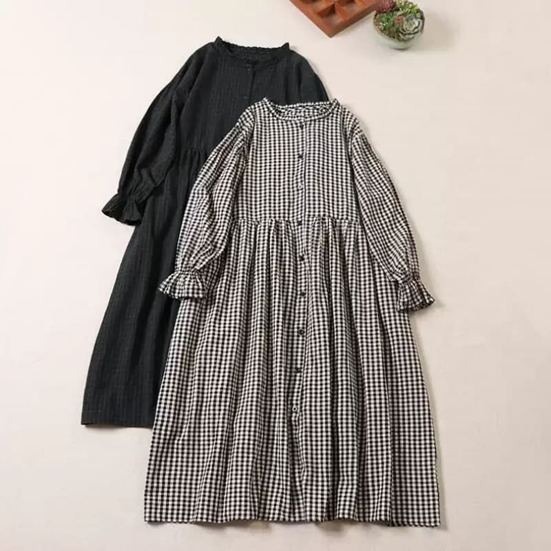 Cross-border 2024 Autumn New Fashion Casual Loose Plus Size Women's Dress with Ruffle Collar Cardigan and Plaid Long Sleeves