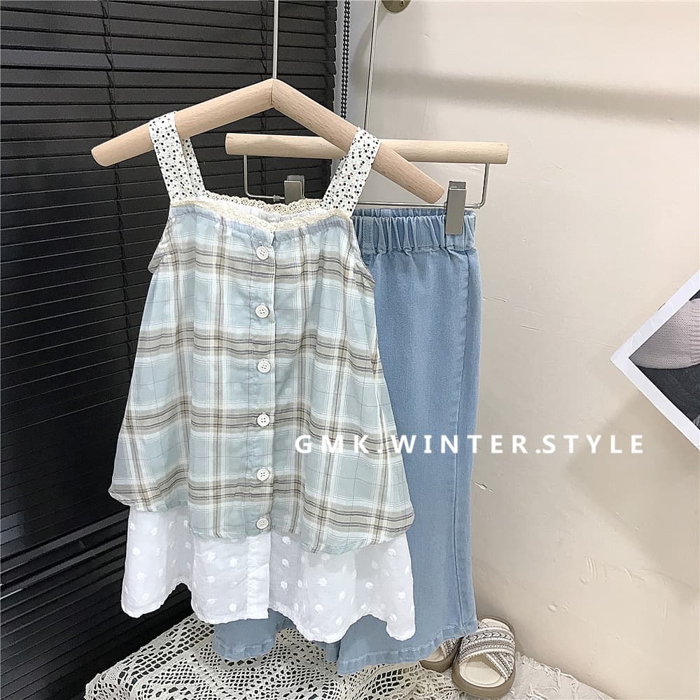 Summer New Girls' Sleeveless Dress with Checkered and Lace Trim, Layering Top and Denim Flared Pants