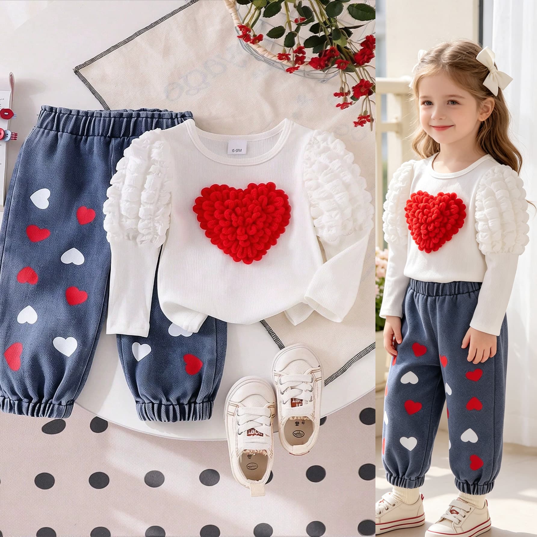 2026 Fall/Winter Girls' Bubble Long-Sleeve 3D Embroidery Heart Top with Printed Denim Long Pants 2-Piece Set