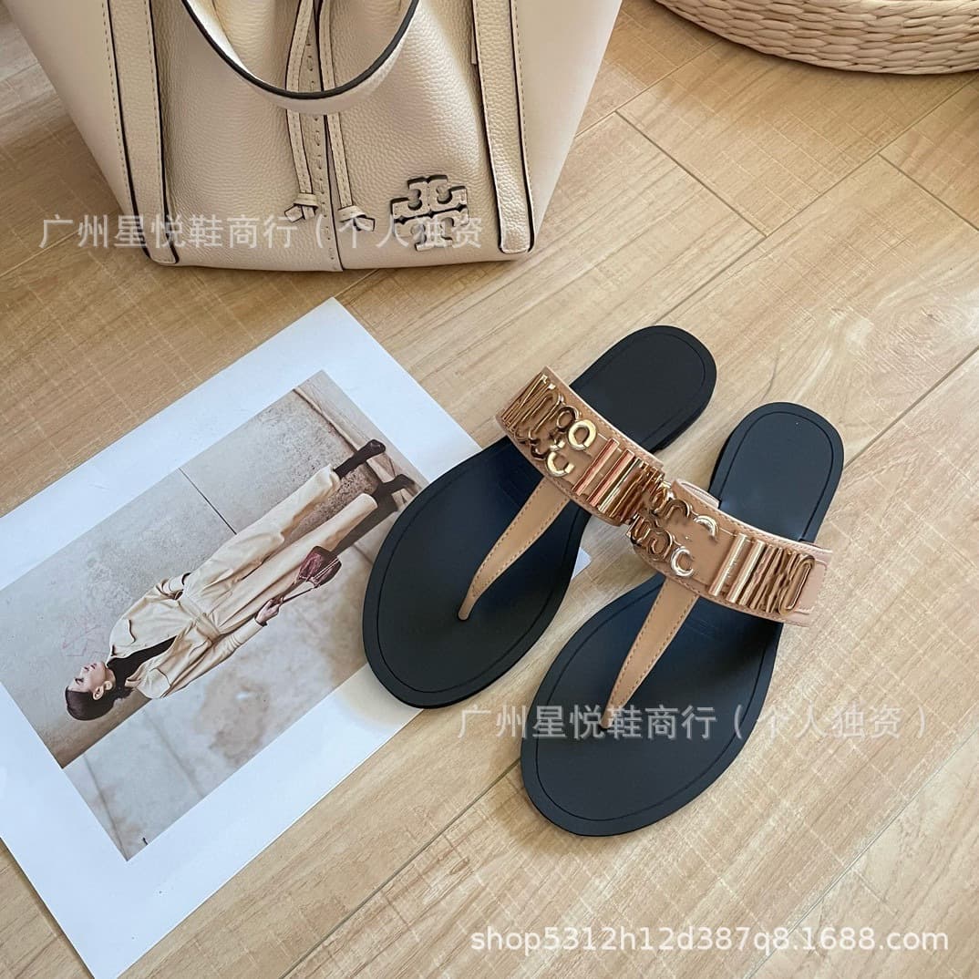 M Series Metal Letter Clip-Toe Sandals 2025 Spring/Summer Flat Slide Slippers for Women Export Shoes