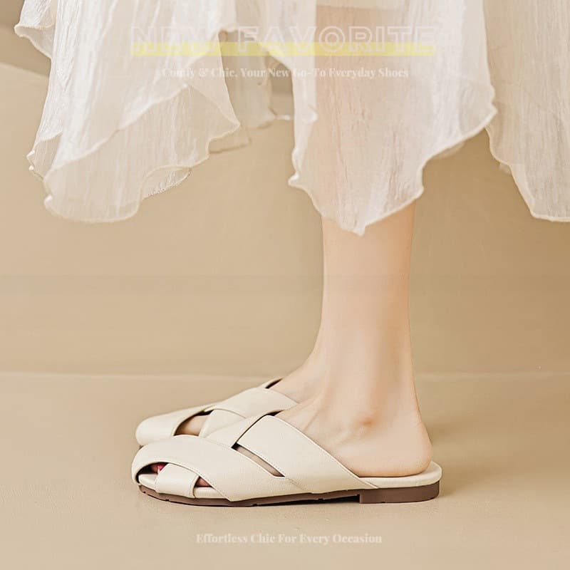 Top-layer cowhide open-toe half slippers for women, leather shoes for summer outdoor wear, retro stylish soft-sole flats, flat sandals for women