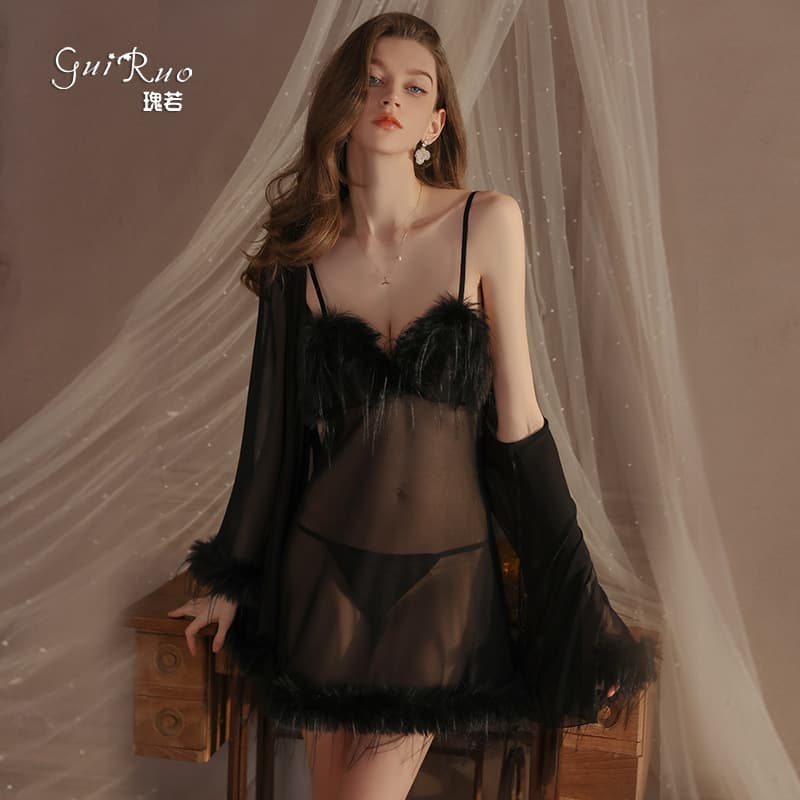 Gorgeous sexy lingerie, sexy mesh plush splicing, see-through temptation suspender nightgown, women's suit 4434