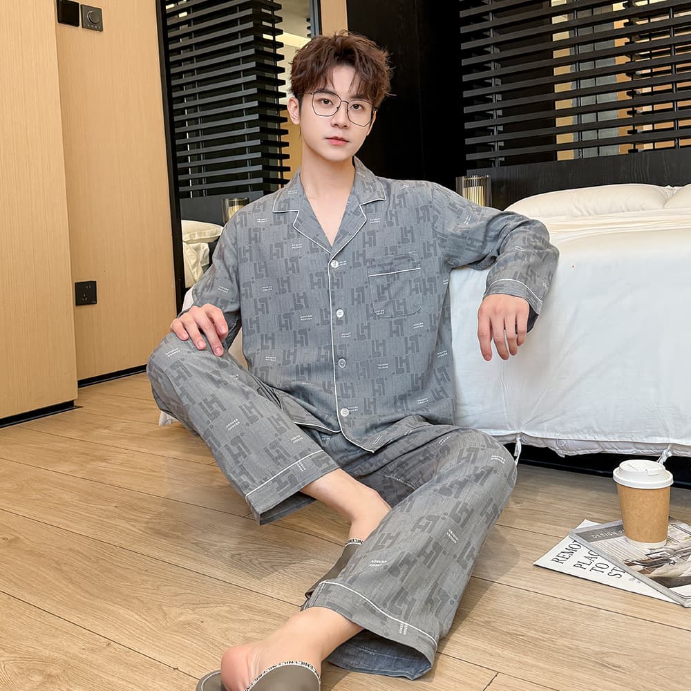 Spring/Summer Silk Cotton Pajama Set for Men, Korean Style, Long Sleeve Long Pants, Casual Homewear, Cotton Thin Suit