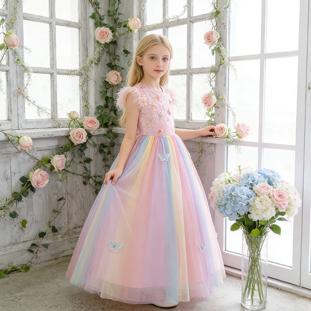 Children's Long Wedding Dress, Colorful Mesh Puffy Princess Dress, Bow-Knot Sequined Children's Dress, Performance Costume for Older Children
