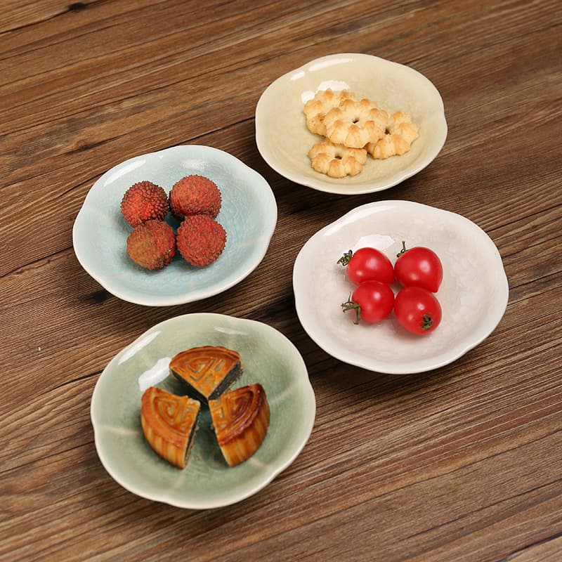 Chinese Six-Petal Tea Snack Plate Ceramic Ice Crack Pattern Fruit Pastry Nut Tray High-Footed Ceramic Plate