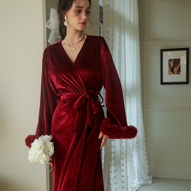 Bride's morning robe, long feather nightgown, wedding makeup, bridesmaids' kimono, Korean velvet.