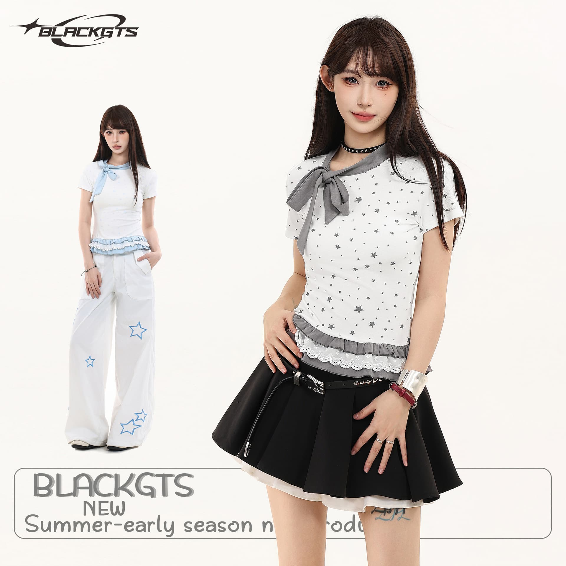 OREETA Sweet Contrast Color Lace Patch Short Sleeve T-Shirt for Women, New Summer College Style Bow Tie Top