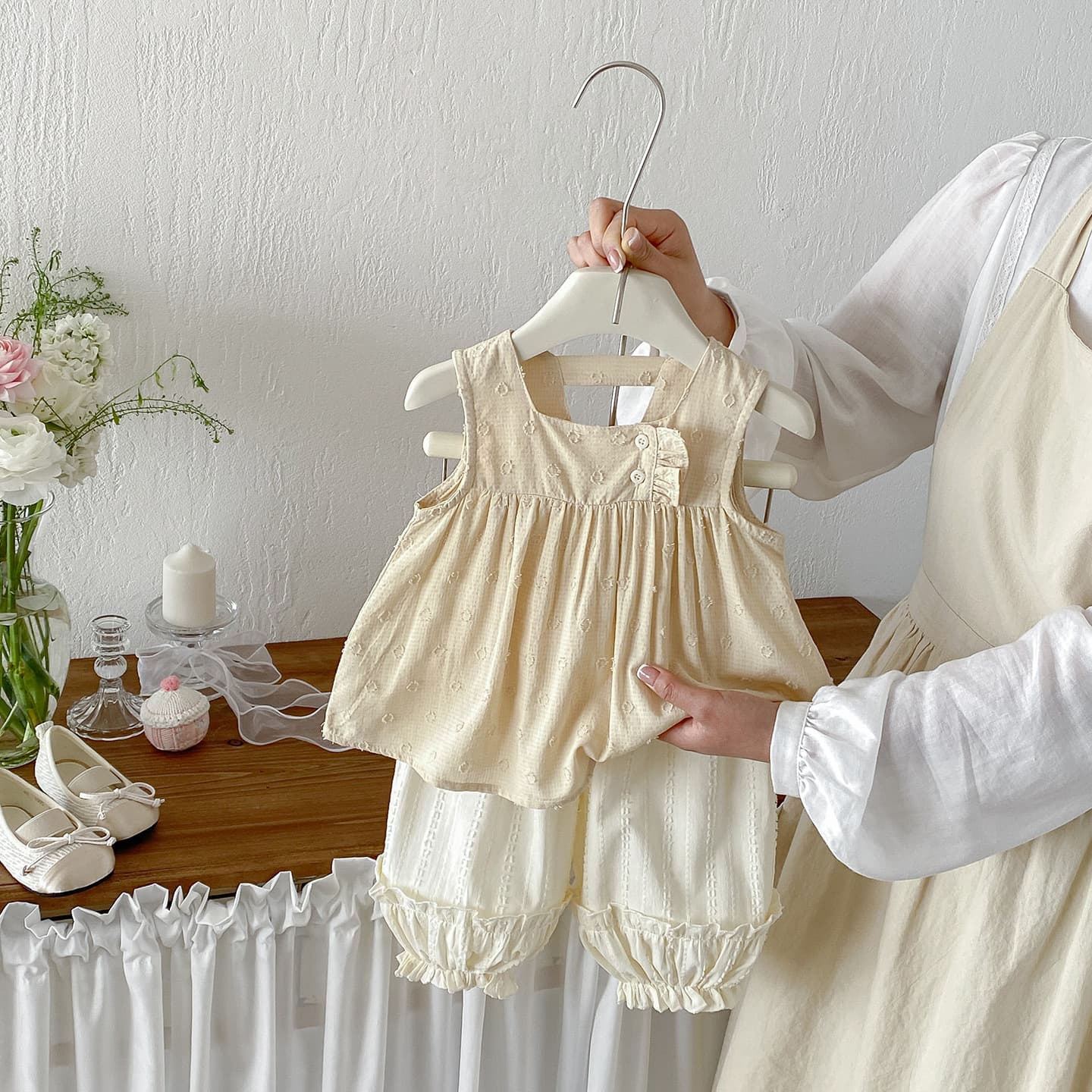 Dianxi new summer style infants and young children fresh and simple jacquard sleeveless babydoll shirt for baby girls casual western-style leggings
