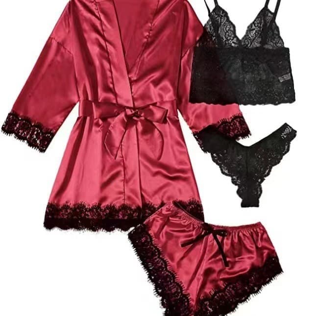 Women's Loungewear Pajama 4-Piece Set Lace Satin Camisole Summer Set with Robe and Shorts Wholesale Cooling Feel