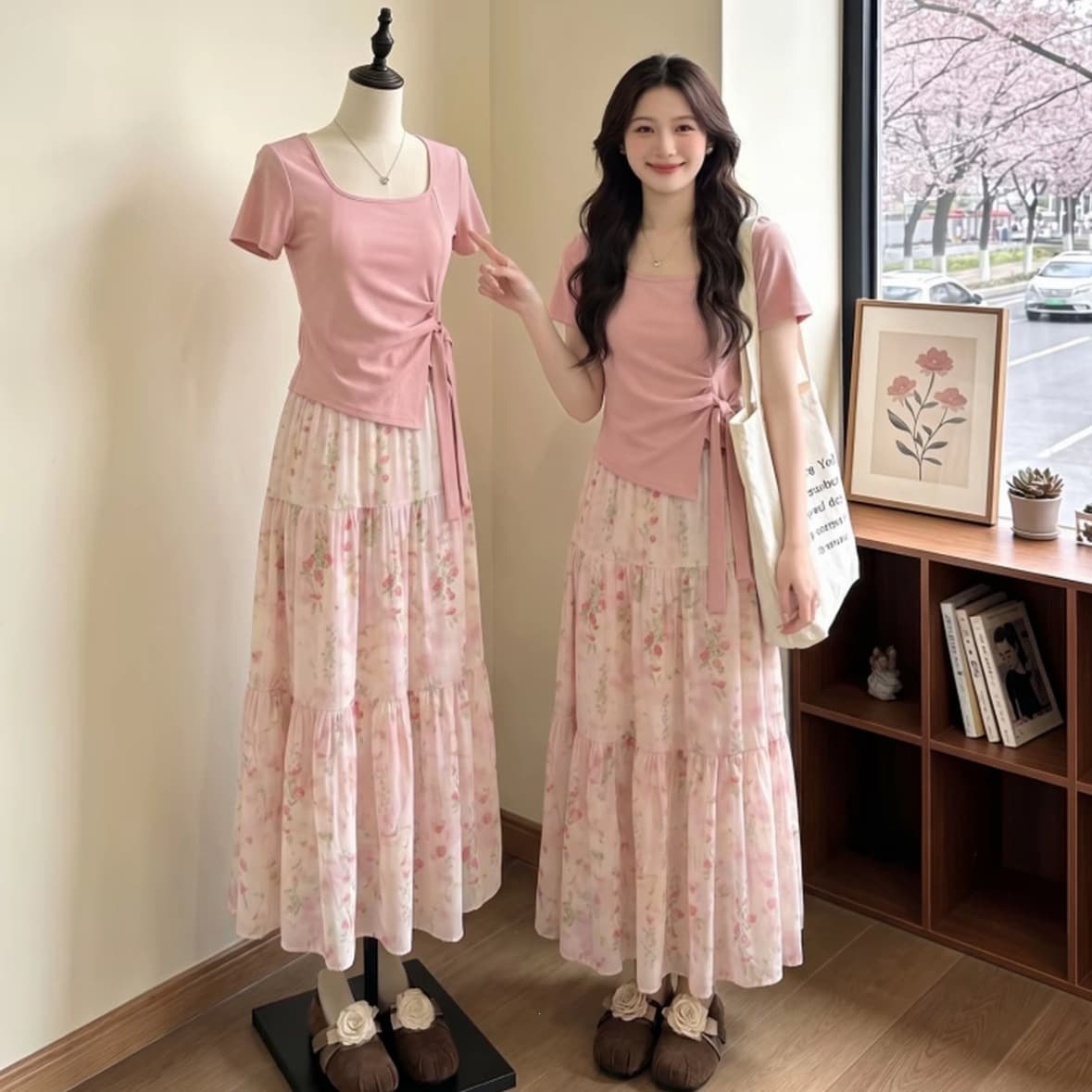 Plus Size Women 2026 Summer Hot Matching Set Pink Square Neck Short Sleeve Floral Dress Two-Piece Set