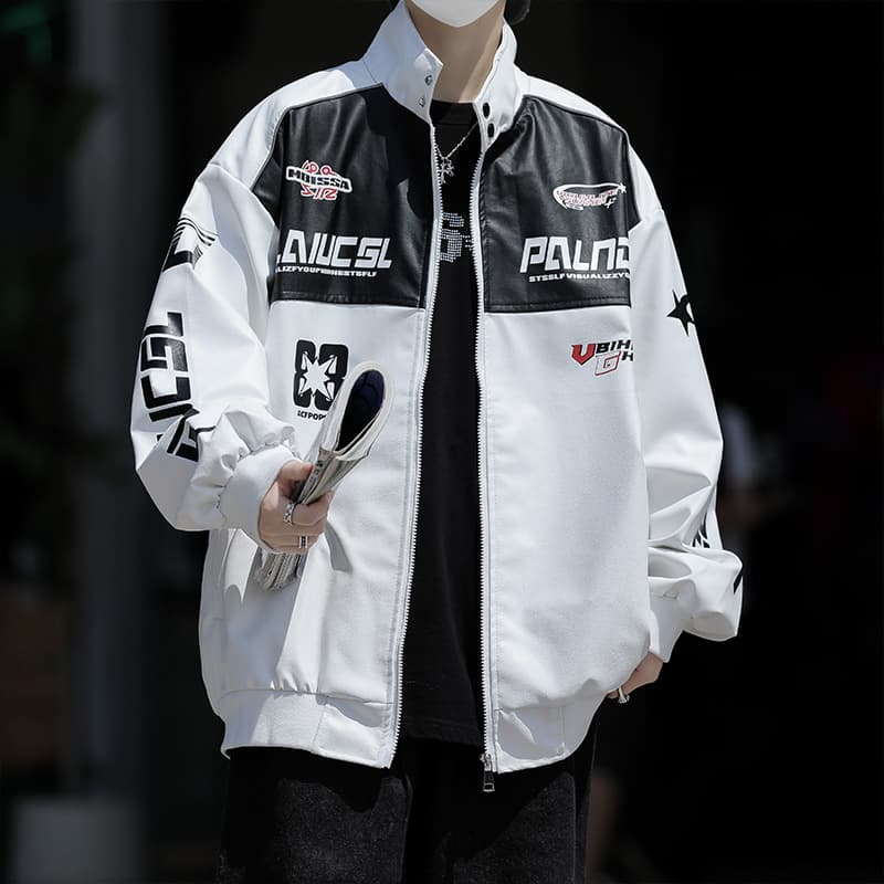 Men's Fashion American Motorcycle Racing Jacket, Stand Collar Black and White Patchwork PU Leather Jacket, Couple Style High Street Coat