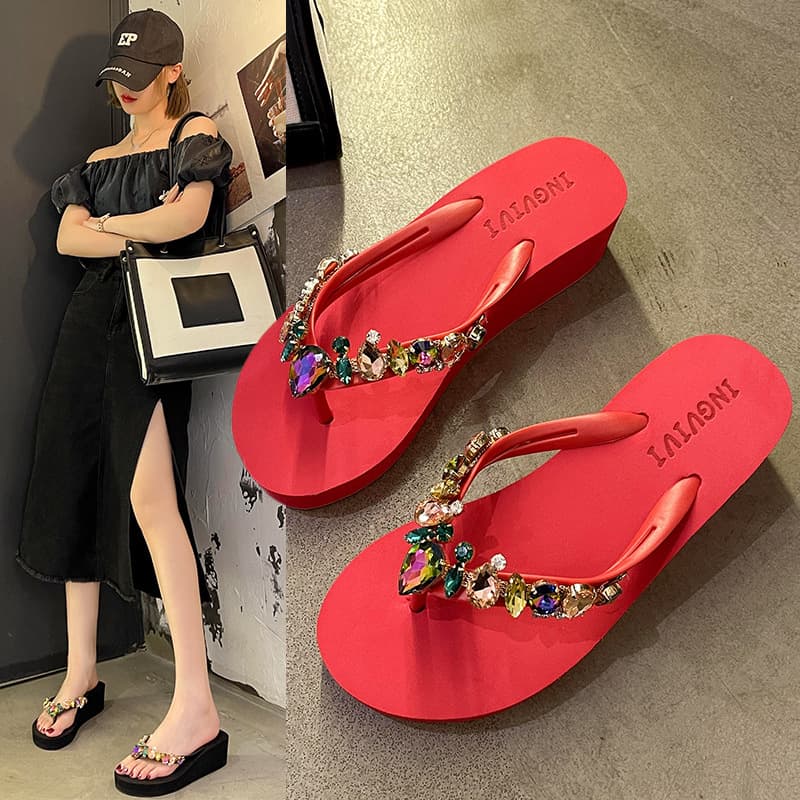 INGVIVI New Summer Women's Flip Flops Wedge Heel Rhinestone Toe Post Sandals Mid Heel Fashion Beach Slippers