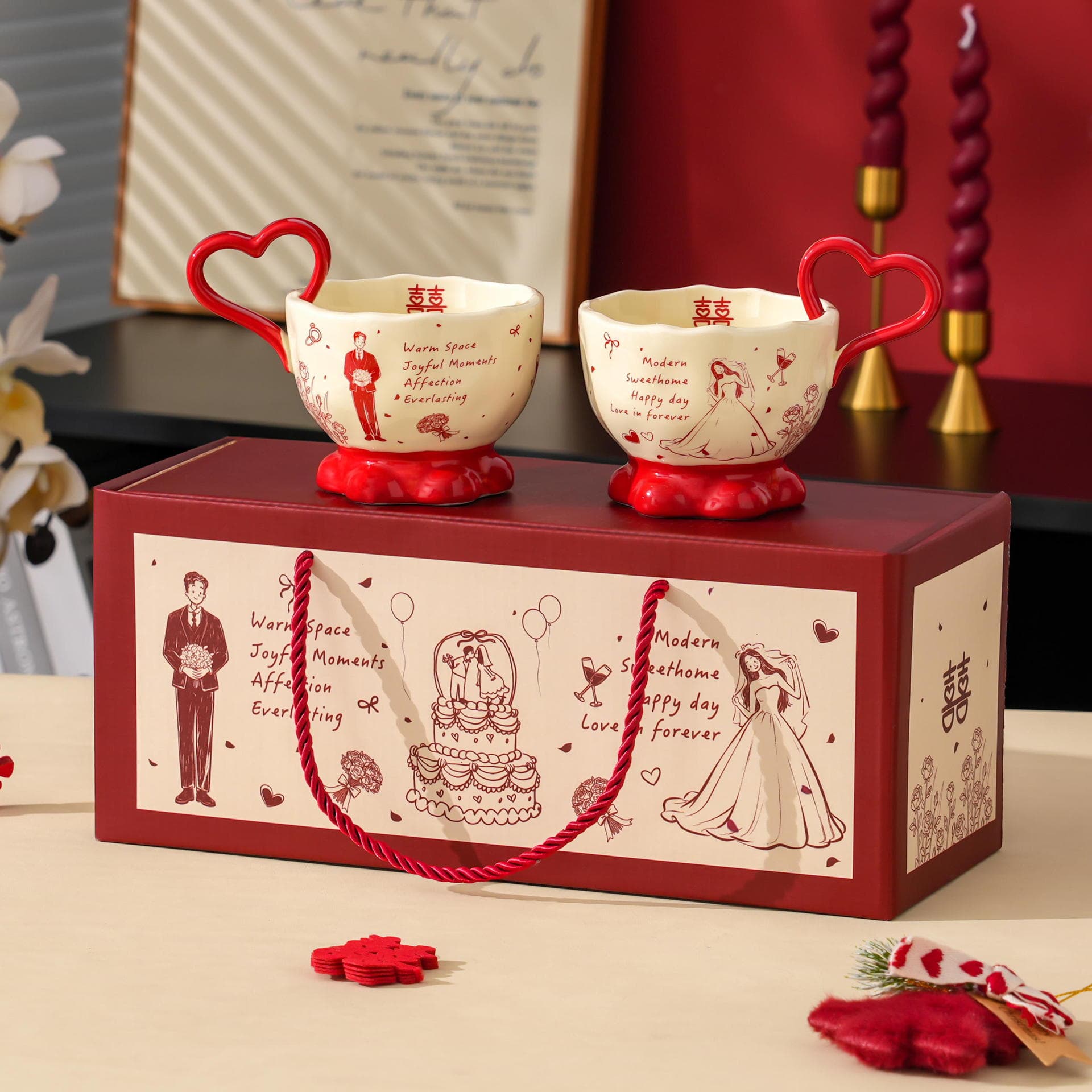 Newlywed couple gift cup gift box with ceramic love handle, wedding cup set, wedding gift, souvenir for besties