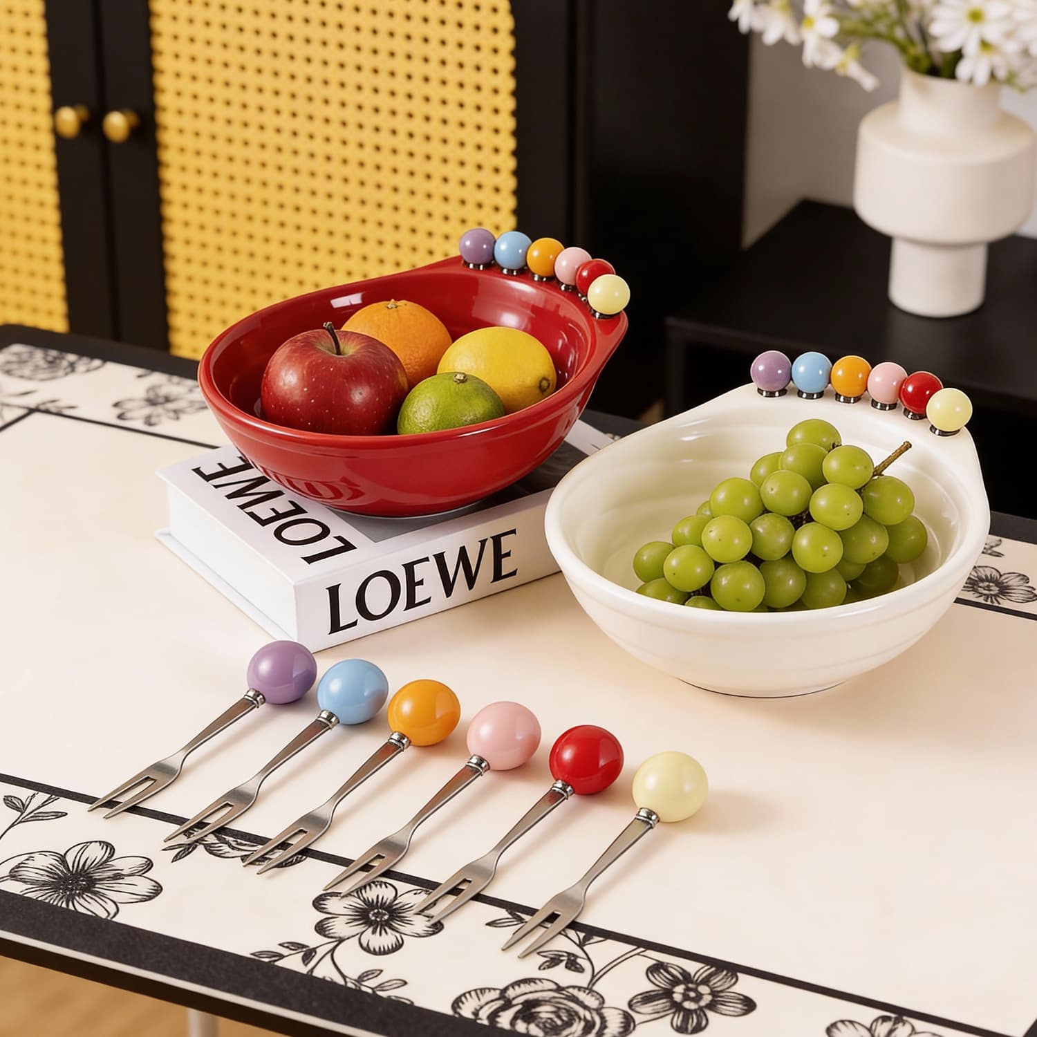 Dopamine Thread Fruit Tray Living Room Coffee Table Home Snack Serving Bowl Stainless Steel Fruit Fork Set