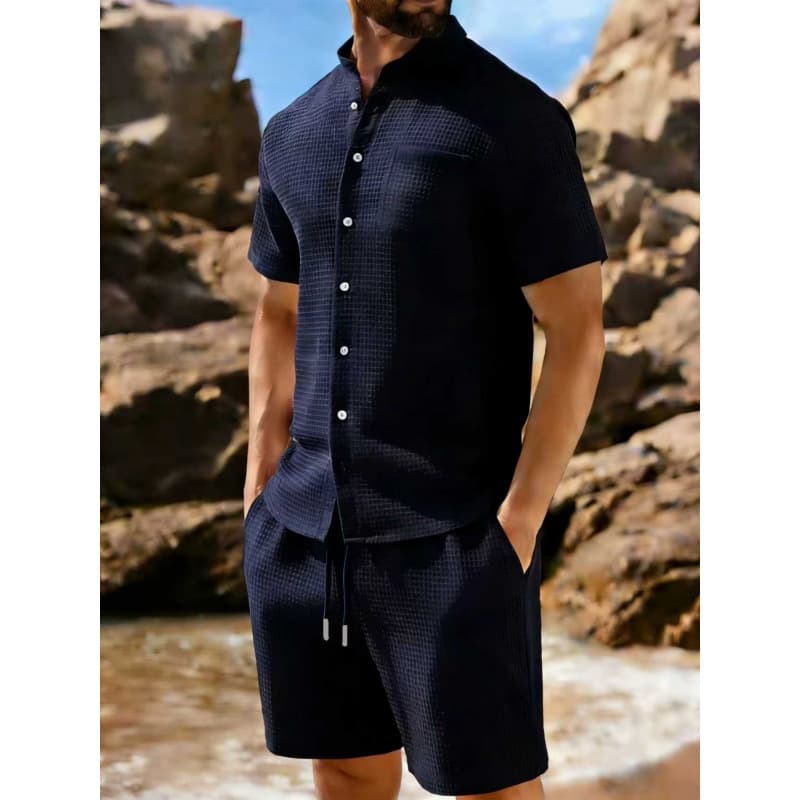 New Cross-Border Europe and USA Summer Waffle Two-Piece Set, Turn-Down Collar Solid Color Versatile Sports Casual Men's Suit