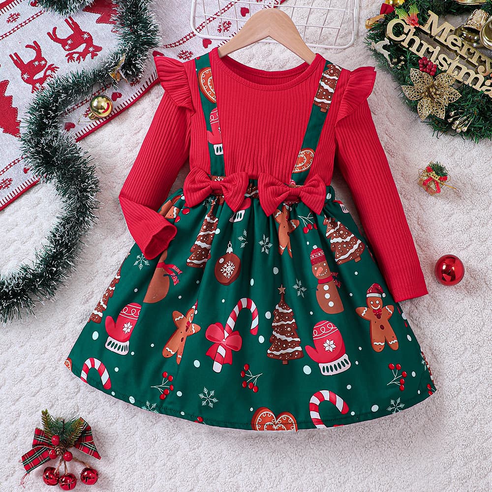 EW Foreign Trade Children's Clothing New Girls Autumn Winter Christmas Faux Two-Piece Stitching Dress Q1552-C