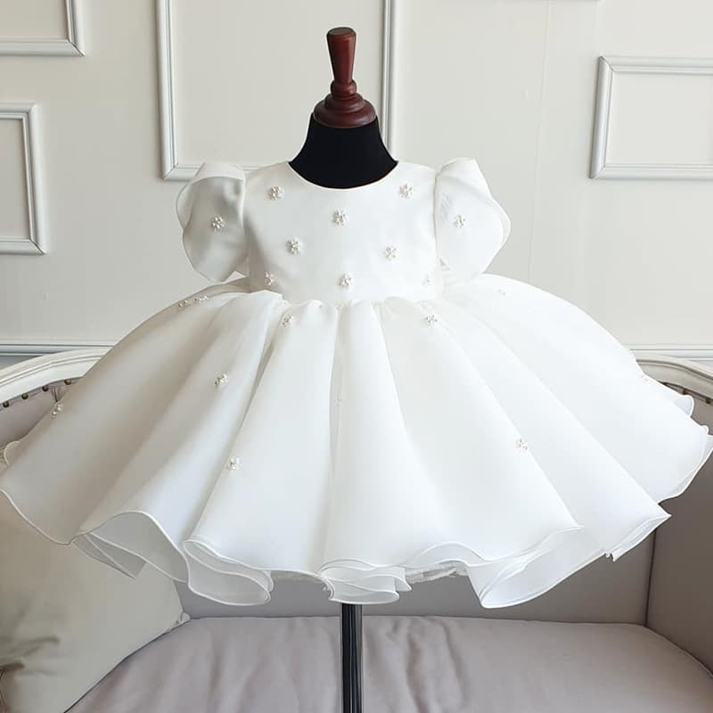 Princess Wedding Dress Children's Costume Baby Girl Birthday One Year Old Flower Girl Robe White Cotton Polyester Spring Autumn