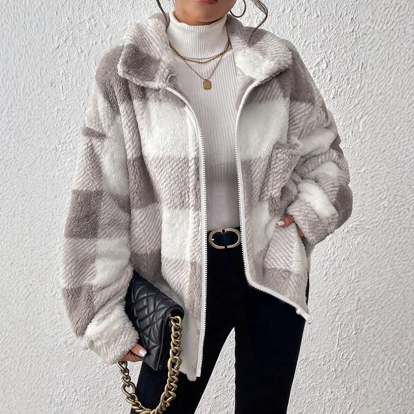 2026 Fall/Winter New Women's Plaid Faux Fur Jacket, Gray-White Contrast Loose Zip-Up Faux Sheepskin Coat