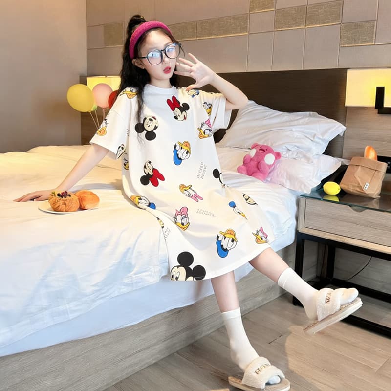 Children's Summer Nightgown Short Sleeve Girls' Homewear Loose Cartoon Print Sleepwear for Big Kids