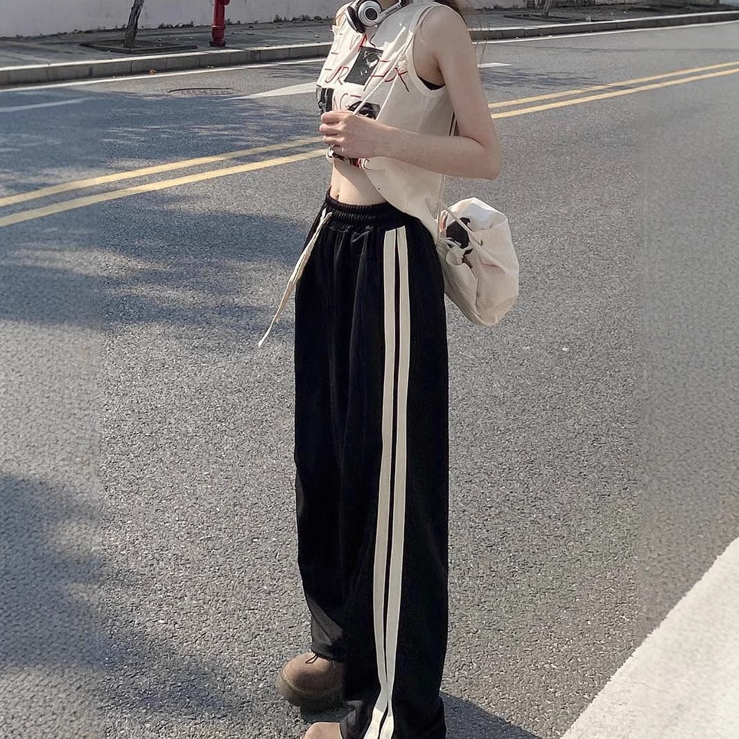 American Wide-Leg Pants for Female Students Summer New Korean Style Side Stripes Hong Kong Style Casual Loose Slimming Straight Sports Pants