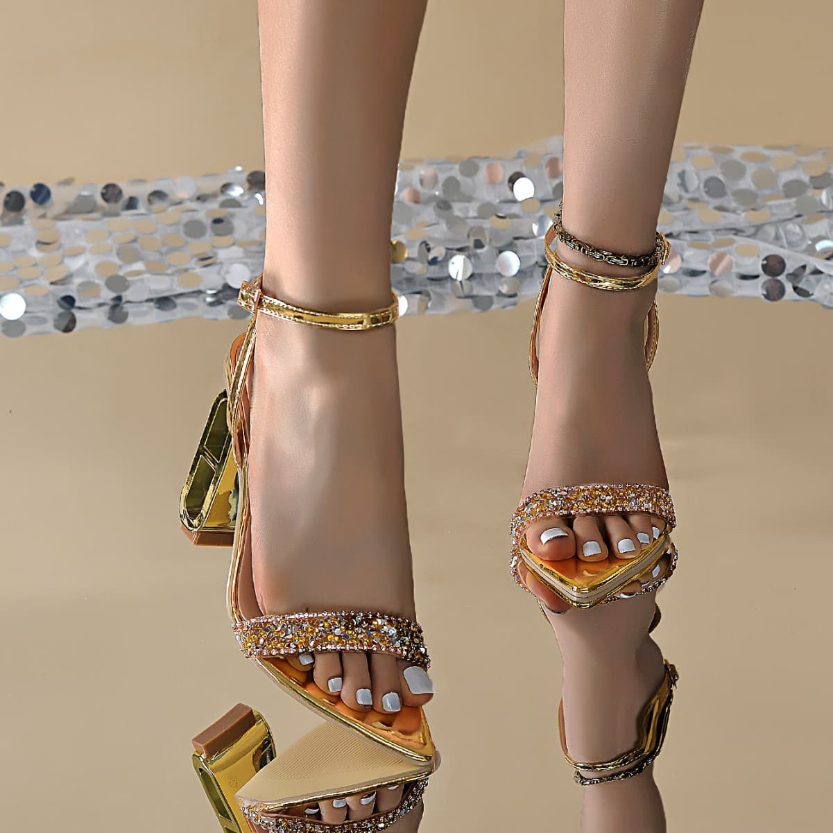 2025 Four Seasons Spring and Autumn Foreign Trade New Style Luxurious Rhinestone Strap Sexy and Beautiful Special-shaped Heel High-heeled Sandals Wholesale